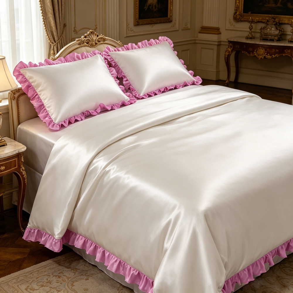 Silk Duvet Cover Set With Contrast Color Ruffled Edge