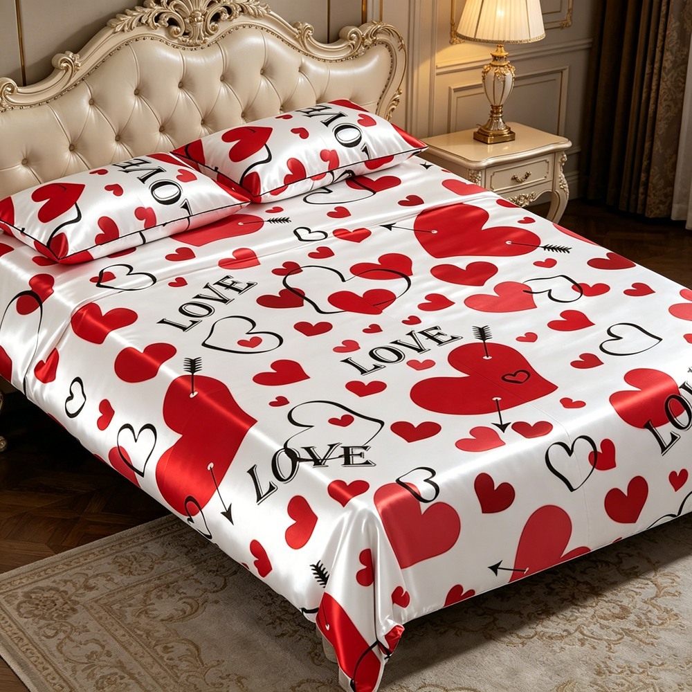Valentine Love Red Heart Print 100% Mulberry Silk Duvet Cover Fitted Sheet Set | Twin Full Queen King Cal King Sizes