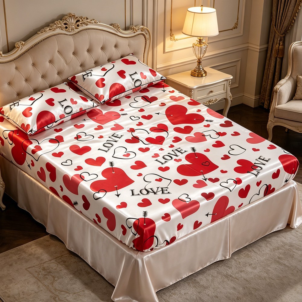 Valentine Love Red Heart Print 100% Mulberry Silk Duvet Cover Fitted Sheet Set | Twin Full Queen King Cal King Sizes