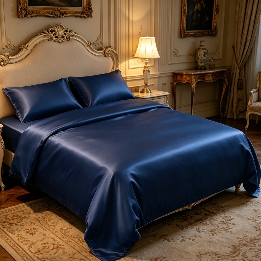 Navy Blue 30 Momme 100% Mulberry Silk Bedding Set | Duvet Cover Flat Sheet And Fitted Sheet | Twin Full Queen King Cal King Available