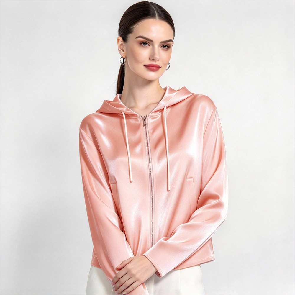 100% Mulberry Silk Full Zip Hooded Jacket for Women
