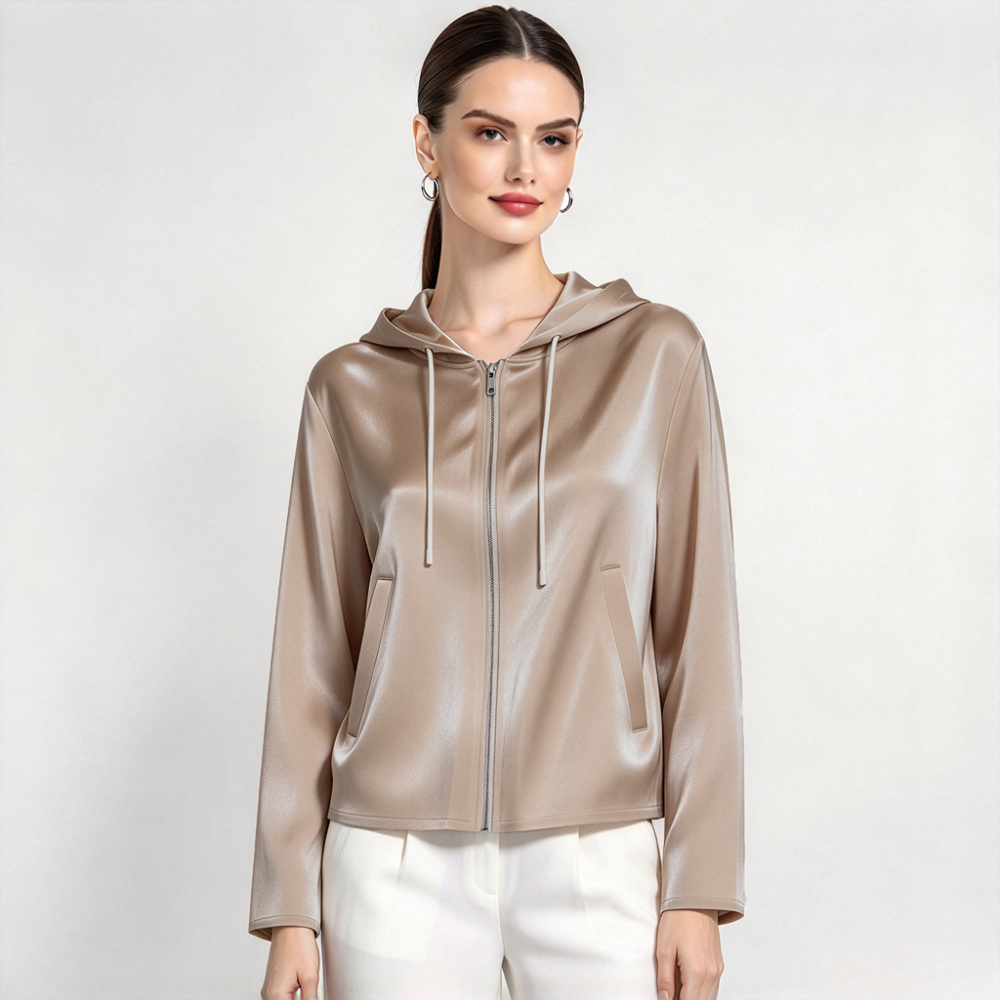 100% Mulberry Silk Full Zip Hooded Jacket for Women