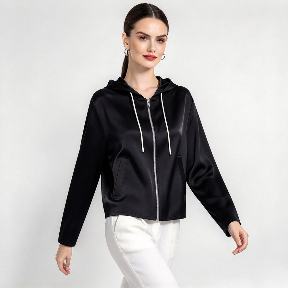 100% Mulberry Silk Full Zip Hooded Jacket for Women