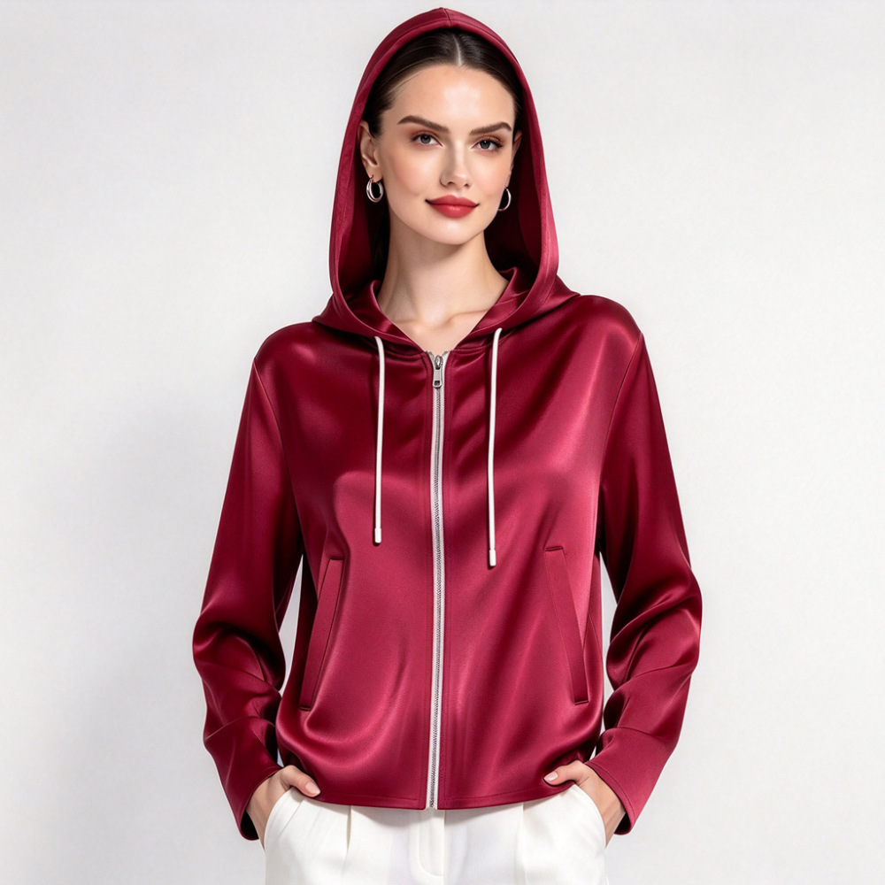 100% Mulberry Silk Full Zip Hooded Jacket for Women