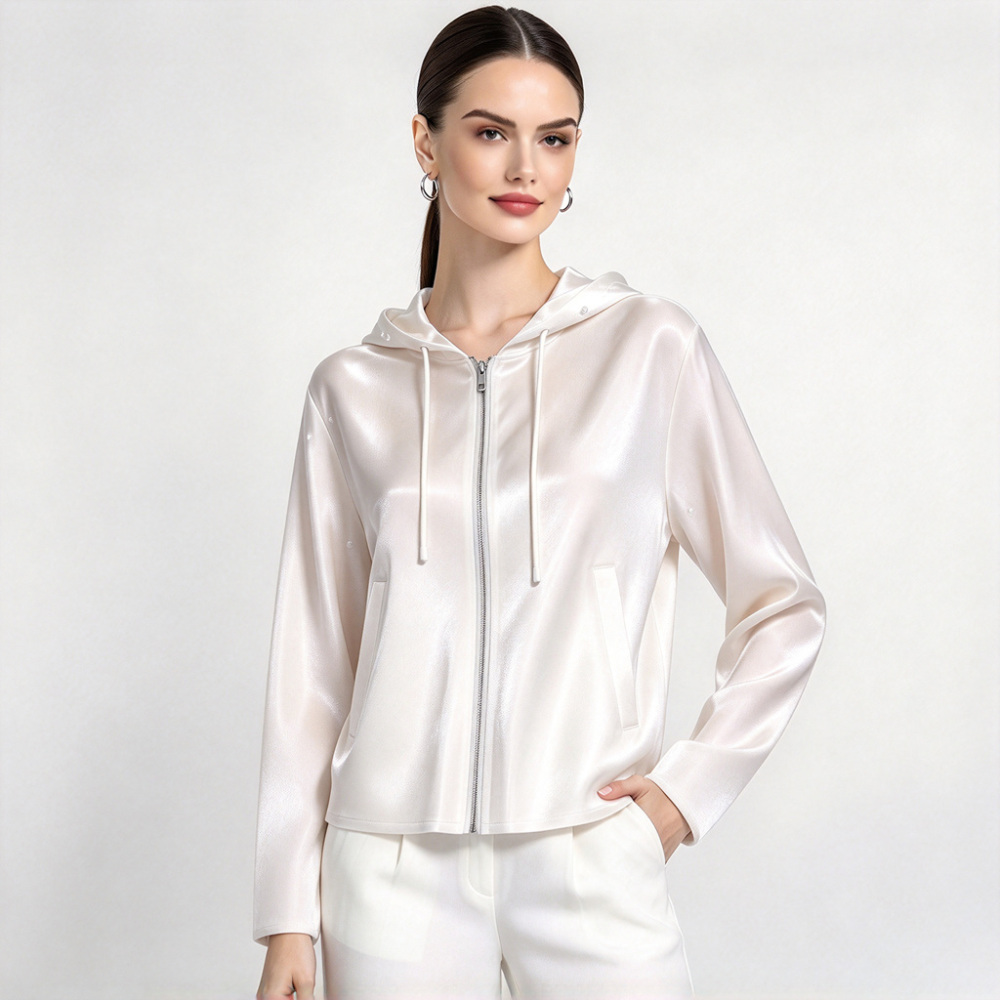 100% Mulberry Silk Full Zip Hooded Jacket for Women