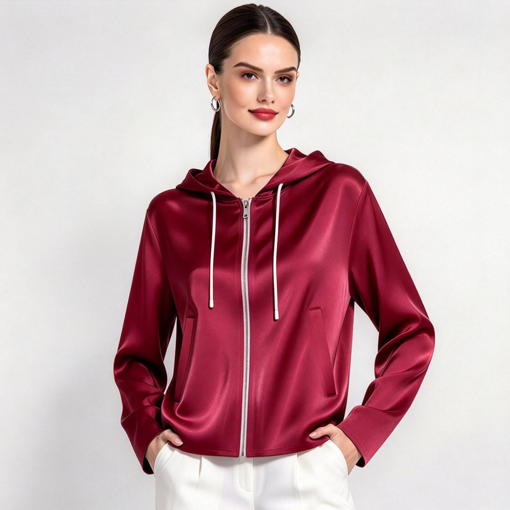 100% Mulberry Silk Full Zip Hooded Jacket for Women