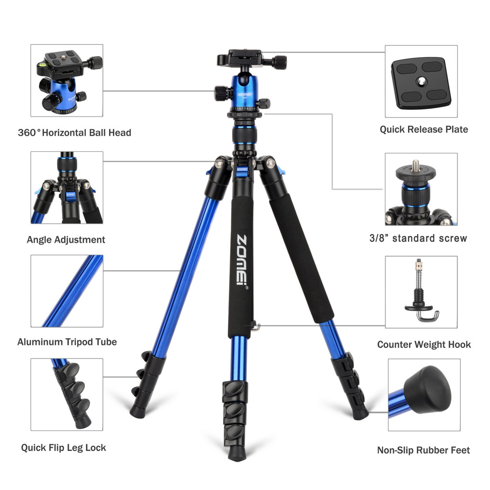 ZOMEi Q555 Aluminum Camera Tripod Kit with 360 Degree Ball Head Quick Release Plate for Solar Telescopes and Binoculars - Blue