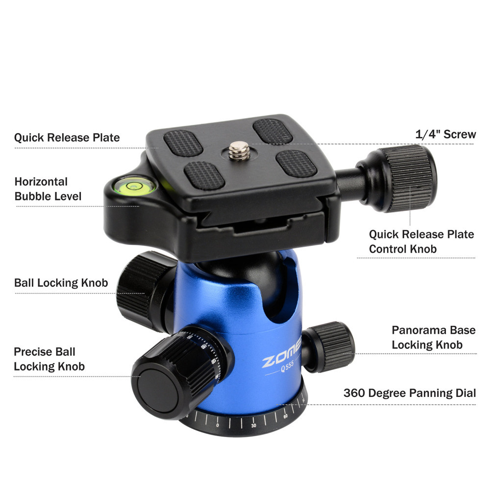 ZOMEi Q555 Aluminum Camera Tripod Kit with 360 Degree Ball Head Quick Release Plate for Solar Telescopes and Binoculars - Blue