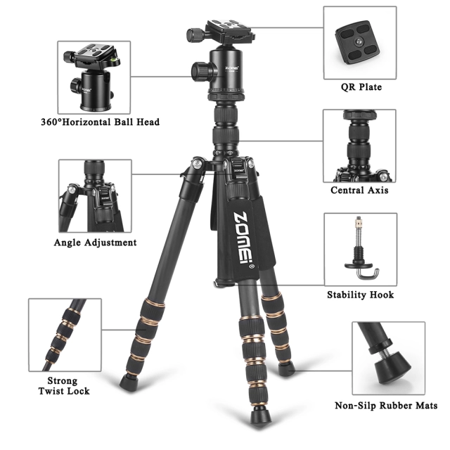 ZOMEi Z669C Ultra Travel Tripod with Twist Locks - Enough Compact and Sturdy for Outdoor Long-exposure Images Shooting