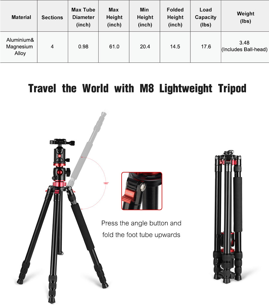 ZOMEi M8 Professional Camera Tripod 72-inch with Extension Arm Monopod ...