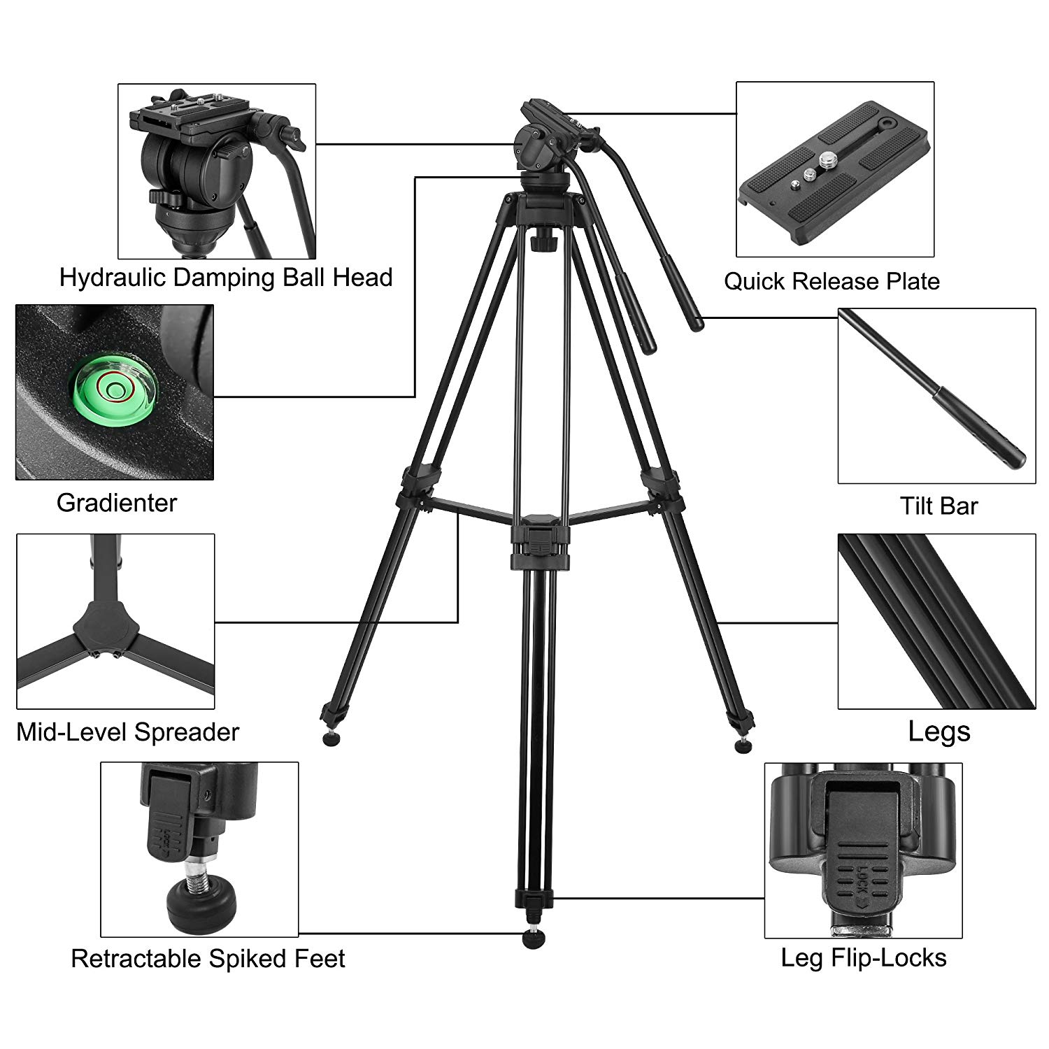 ZOMEi Professional Heavy Duty Aluminum Video Tripod Twin Tube Vt2500 inch with 360-Degree Panoramic Fluid Head, Mid-Level Spreader for DSLR Camcorder