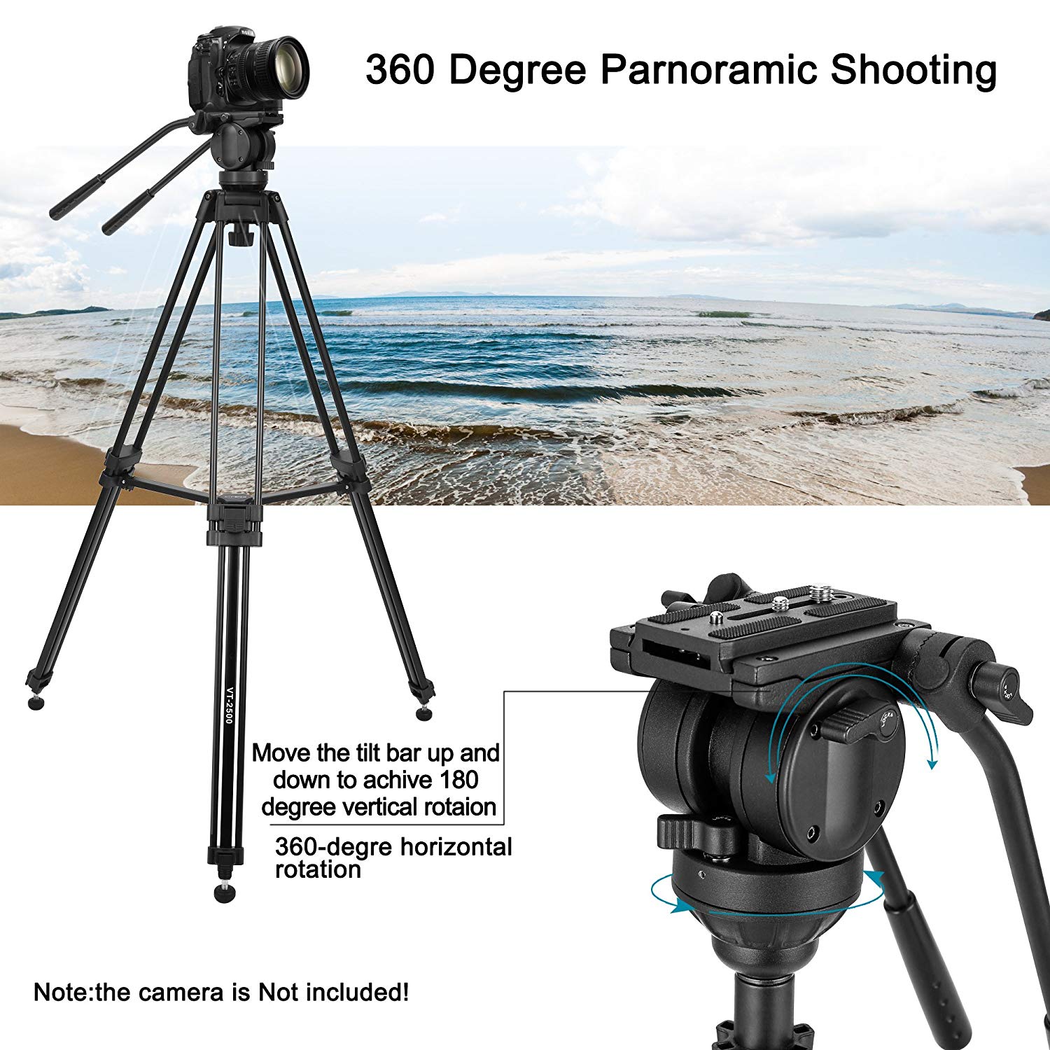 ZOMEi Professional Heavy Duty Aluminum Video Tripod Twin Tube Vt2500 inch with 360-Degree Panoramic Fluid Head, Mid-Level Spreader for DSLR Camcorder