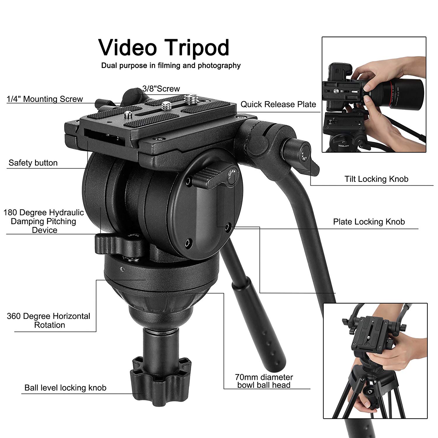 ZOMEi Professional Heavy Duty Aluminum Video Tripod Twin Tube Vt2500 inch with 360-Degree Panoramic Fluid Head, Mid-Level Spreader for DSLR Camcorder