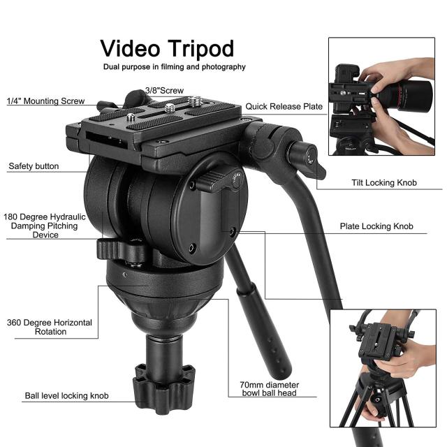 ZOMEi Professional Heavy Duty Aluminum Video Tripod Twin Tube Vt2500 inch with 360-Degree Panoramic Fluid Head, Mid-Level Spreader for DSLR Camcorder