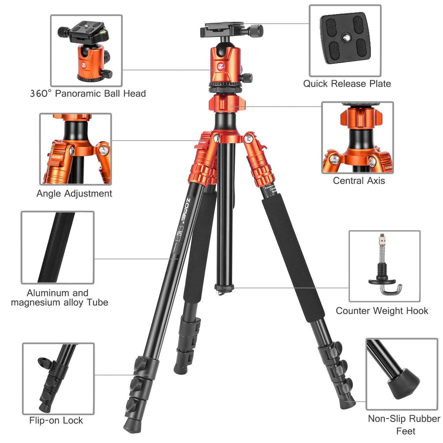 ZOMEi M7 Stable Camera Tripod Range from 22-inch to 67-inch with Adjustable-height Quick Flip Lock Legs for Bird and Landscape Photography