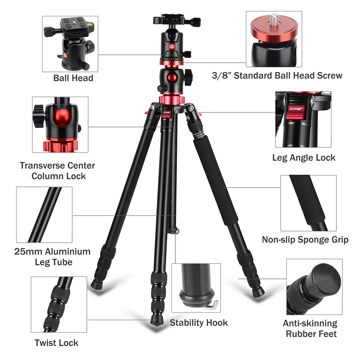 ZOMEi M8 Professional Camera Tripod 72-inch with Extension Arm Monopod ...