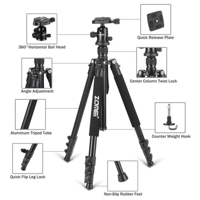 ZOMEi Q555 Lightweight Travel Tripod Kit 63-inch for Family Gatherings and Sports Activities Indoor and Outdoor Photography