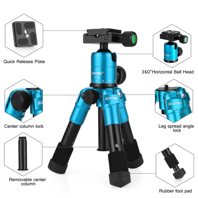 ZOMEi CK30 Small Tabletop Tripod with 360 Degree Panoramic Ball Head - Blue