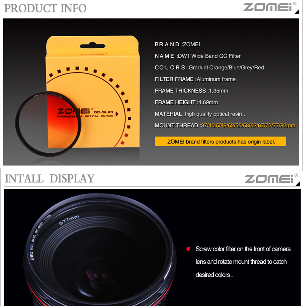 ZOMEI Slim Lens Filter Set Gradual Color GC-Blue/Grey/Red/Orange Filter 52mm