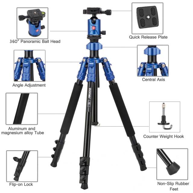 ZOMEi M7 Stable Camera Tripod Range from 22-inch to 67-inch with Adjustable-height Quick Flip Lock Legs for Bird and Landscape Photography-Blue