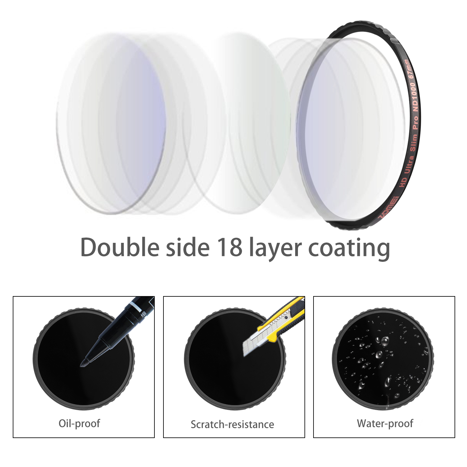 ZoMei Ultra Slim HD 18 Layer Super Multi-Coated S chott Glass PRO Density  Neutral Gray ND1000 Lens Filter - 52-82mm