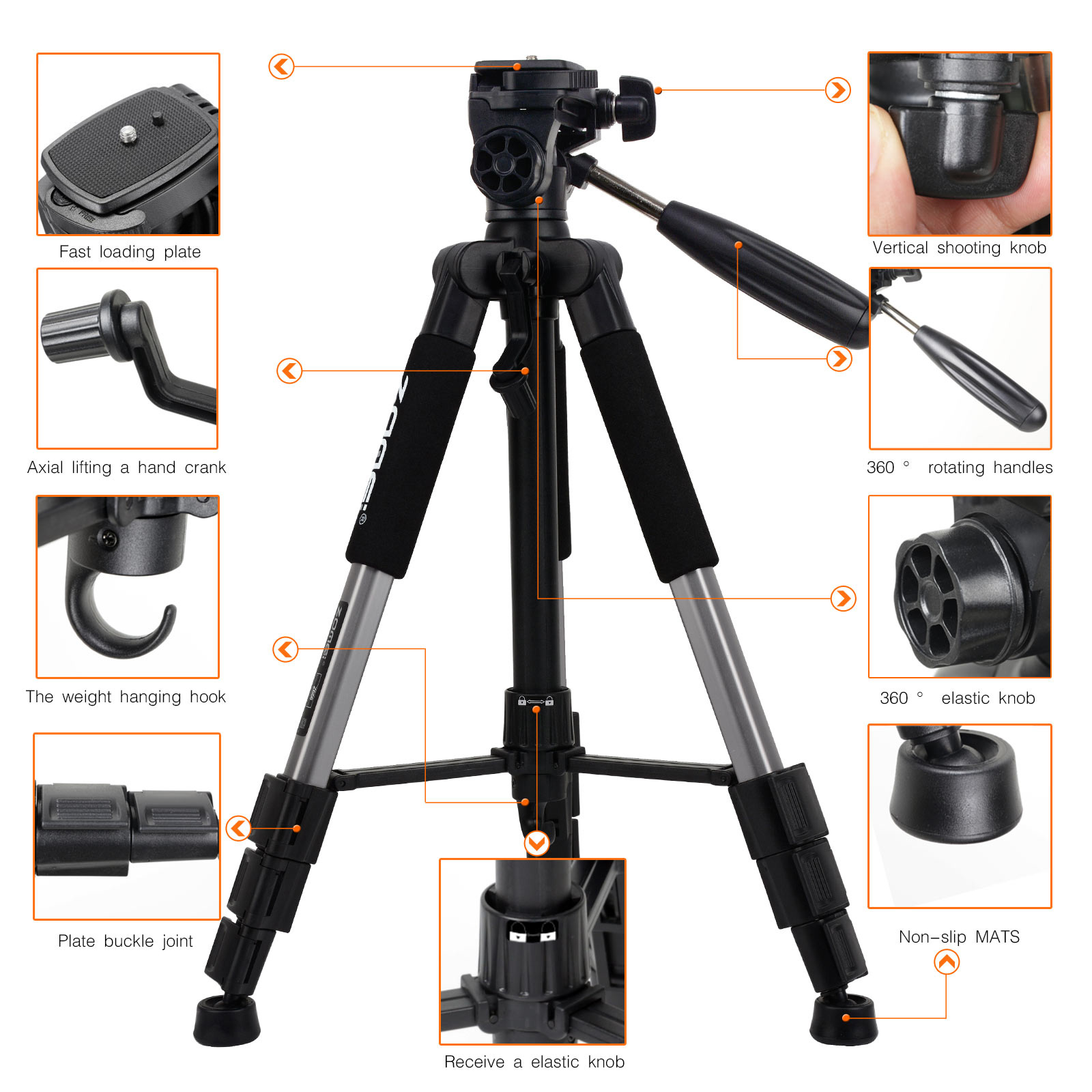 ZOMEi Q111 Lightweight Backpacking Tripod Kit 4-Section with 3-Way