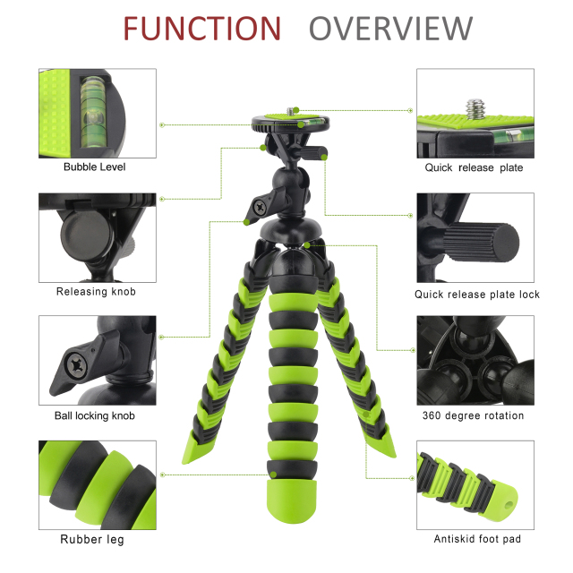 ZOMEI Flexible Mini Tripod with Quick Release Plate Tripod Mount Adapter for Smartphone Gopro Green