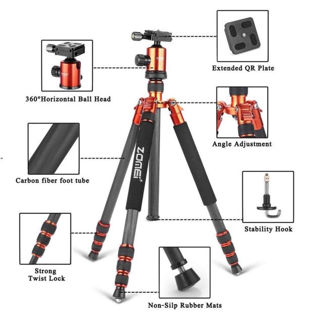 ZOMEi Z818C Carbon Fiber Camera Tripods for Digital DSLR Cameras with Quick Release Plate and Ball Head (Orange)