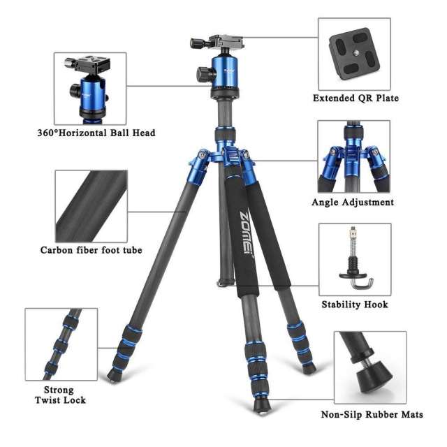 ZOMEi Z818C Carbon Fiber Camera Tripods for Digital DSLR Cameras with Quick Release Plate and Ball Head (Blue)