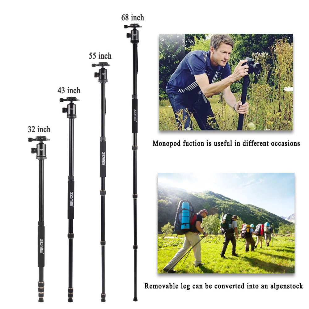 ZOMEi 668C 65" Carbon Fiber Tripod Monopod Lightweight Compact Travel Tripod with 360 Degree Ball Head and Quick Release Plate for DSLR Camera