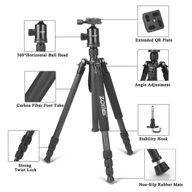 ZOMEi Z818C Carbon Fiber Camera Tripods for Digital DSLR Cameras with Quick Release Plate and Ball Head (Black)