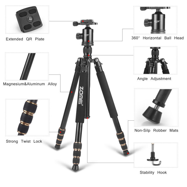 ZOMEi 668C 65&quot; Carbon Fiber Tripod Monopod Lightweight Compact Travel Tripod with 360 Degree Ball Head and Quick Release Plate for DSLR Camera