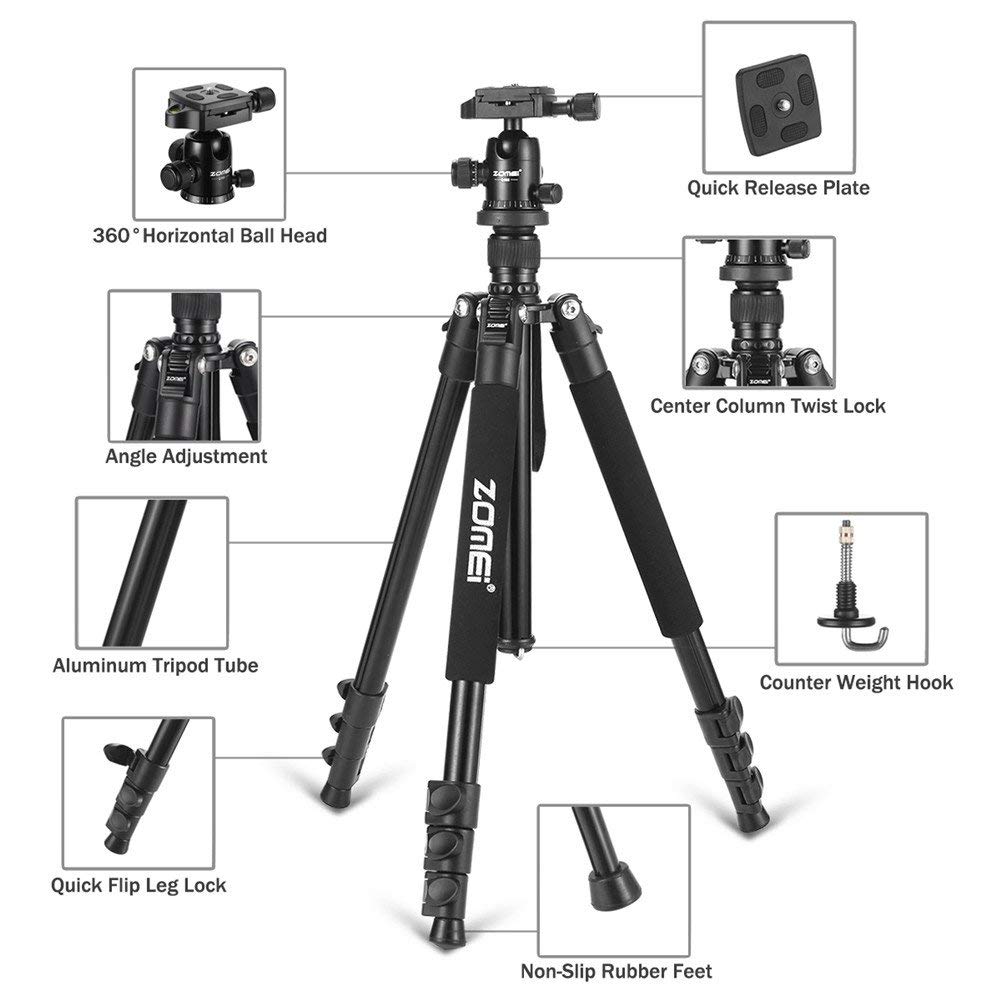 ZOMEi Q555 Aluminum Camera Tripod Kit with 360 Degree Ball Head Quick  Release Plate for Solar Telescopes and Binoculars