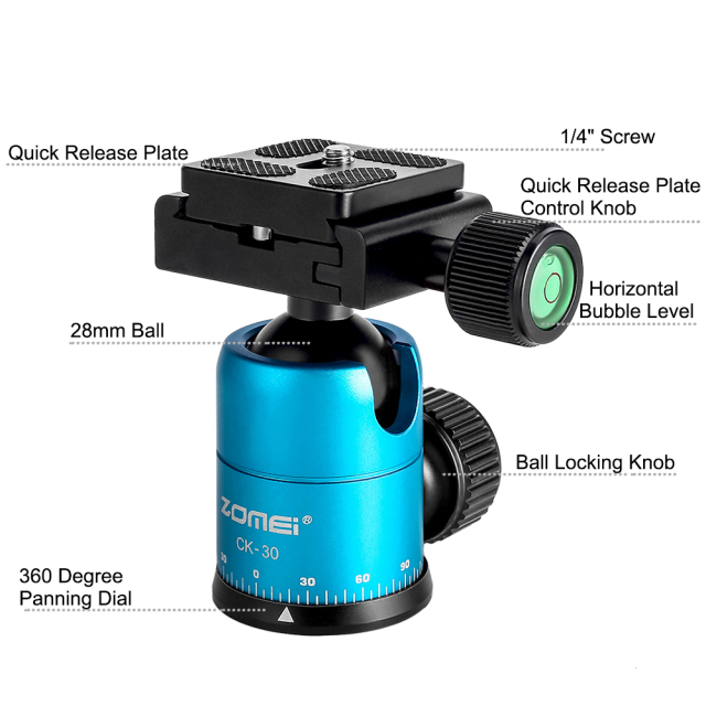 ZOMEi CK30 Small Tabletop Tripod with 360 Degree Panoramic Ball Head - Blue