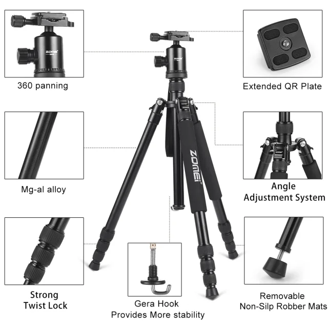 ZOMEi Z818 / Z888 Heavy Duty Camera Tripod 65 Inch for Professional Photographic Shooting for Landscape and Food Photography - Black