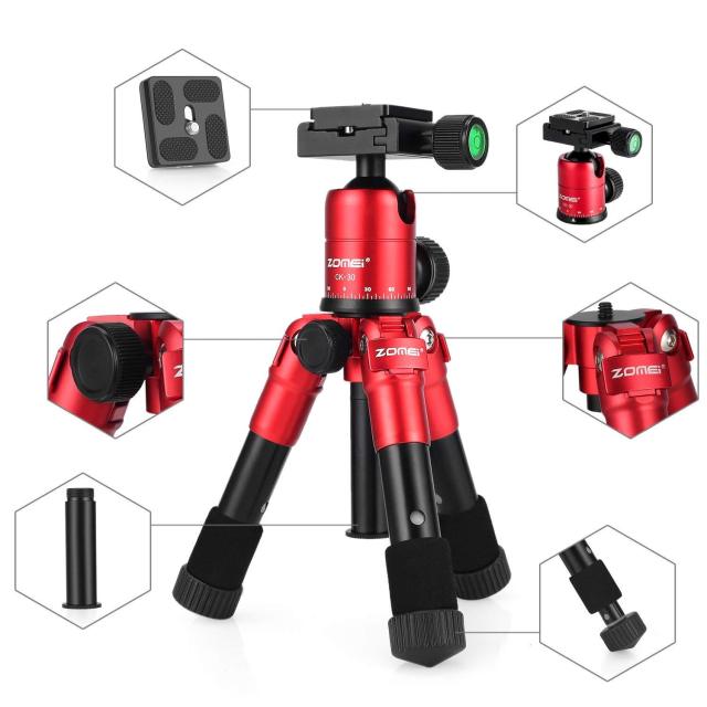 ZOMEi CK30 Aluminum Mini Tabletop Tripod with 360 Degree Panoramic Ball Head - Red