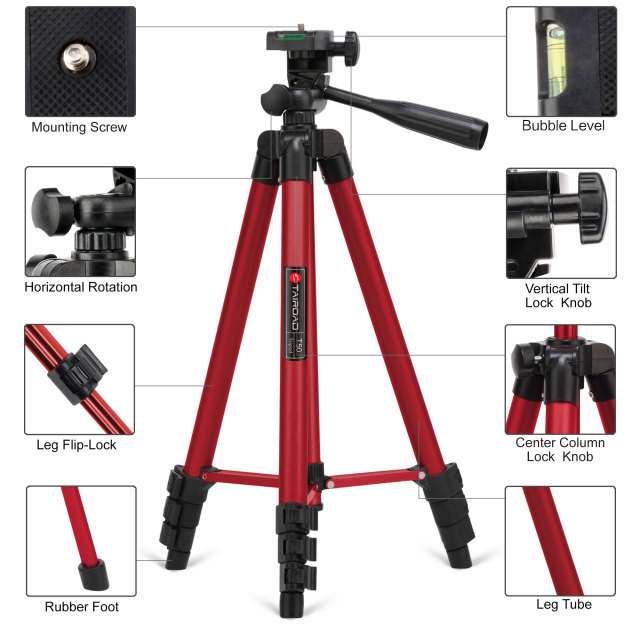 Tairoad 50 Inch Light Weight Portable Travel Tripod for Fishing Light, Mini Projector, Security Camera, Tiny Camera Telescope with Carrying bag(red)