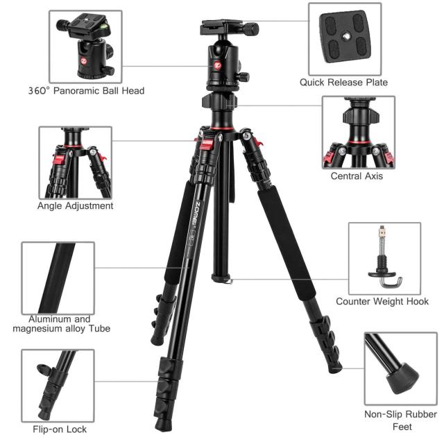 ZOMEi M7 Stable Camera Tripod Range from 22-inch to 67-inch with Adjustable-height Quick Flip Lock Legs for Bird and Landscape Photography-Blue