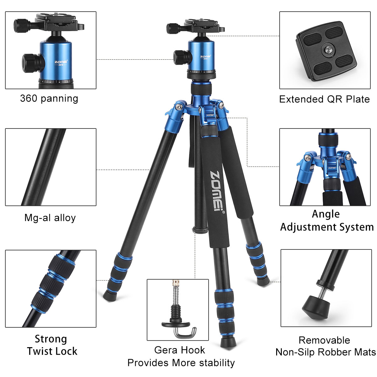 ZOMEI Z818 / Z888 Aluminum Sturdy Tripod Stand with 360 Degree Ball Head and Carry Case for YouTube Videos and Lighting Studio Support - Blue