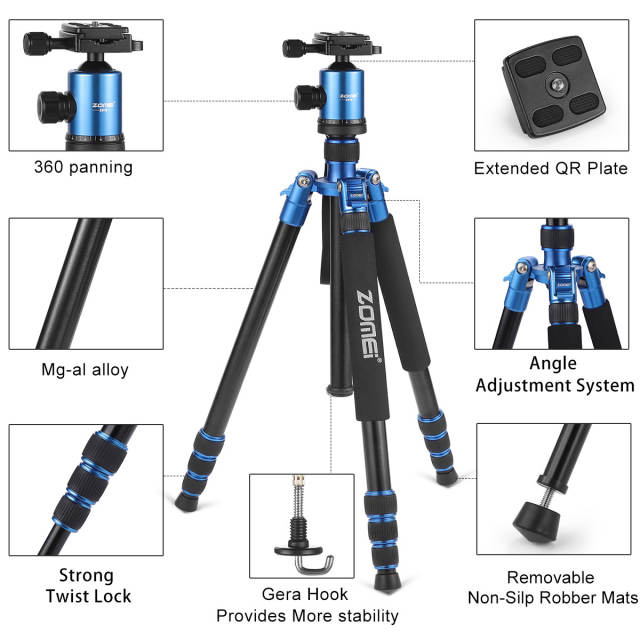 ZOMEI Z818 / Z888 Aluminum Sturdy Tripod Stand with 360 Degree Ball Head and Carry Case for YouTube Videos and Lighting Studio Support - Blue
