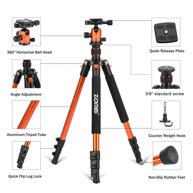 ZOMEi Q555 Aluminum Camera Tripod Kit with 360 Degree Ball Head Quick Release Plate for Solar Telescopes and Binoculars - Blue