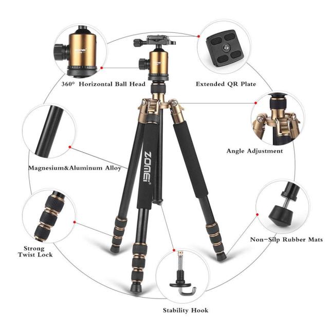 ZOMEi Z818 / Z888 Heavy Duty Camera Tripod 65 Inch for Professional Photographic Shooting for Landscape and Food Photography - Gold