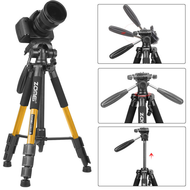 ZOMEi Q111 Lightweight Backpacking Tripod Kit 4-Section with 3-Way Pan Head and Carrying Case for Home Travel Photography Camera DV -Gold