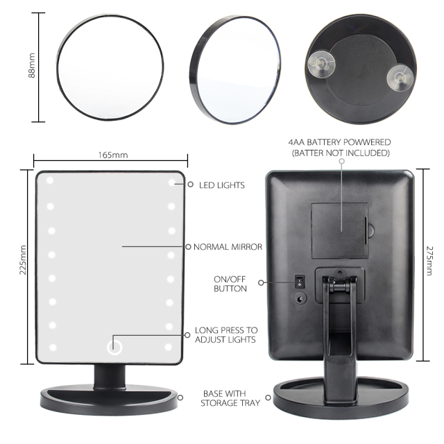 Natural Daylight Lighted Makeup Mirror / Vanity Mirror with Touch Screen Dimming, Detachable 10X Magnification Spot Mirror