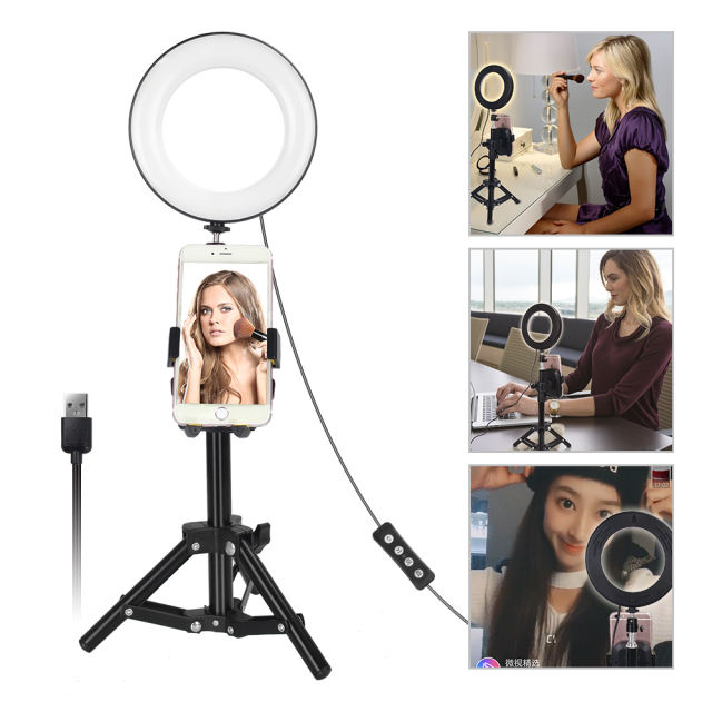 LED Ring Light 6&quot; Portable for YouTube Video and Makeup 3 Colors Light Modes with Tripod Stand Smartphone Holder