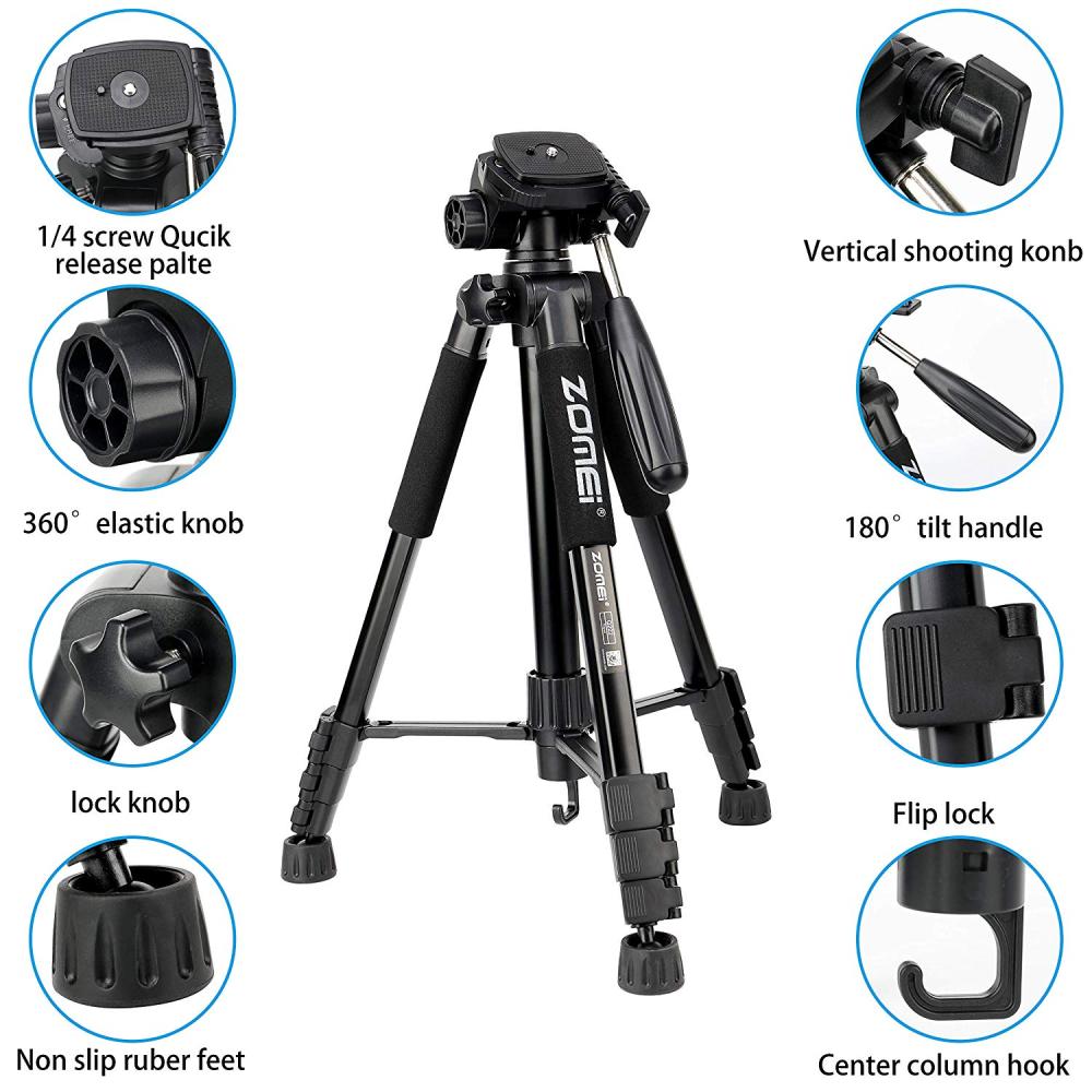 Zomei Q222 Camera Tripod Monopod 58-inch Travel Aluminum Tripod with 3-Way Swivel Pan Head and Carrying Bag (Black)