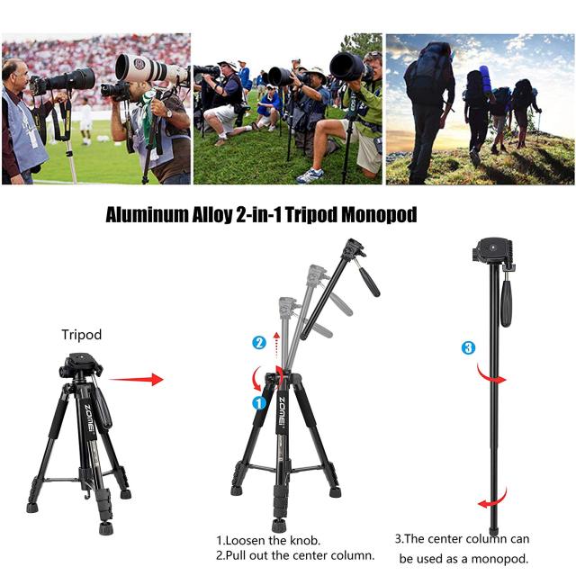 Zomei Q222 Camera Tripod Monopod 58-inch Travel Aluminum Tripod with 3-Way Swivel Pan Head and Carrying Bag (Black)