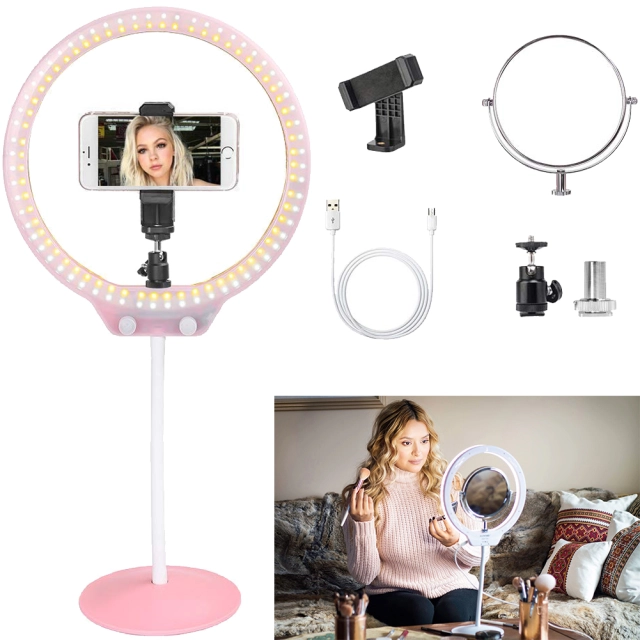 ZOMEI 10 Inch Dimmable LED Ring Light for Selfie Makeup with Mirror, Phone Holder (Pink)