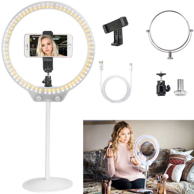 ZOMEI 10 Inch Dimmable LED Ring Light for Selfie Makeup with Mirror, Phone Holder (White)