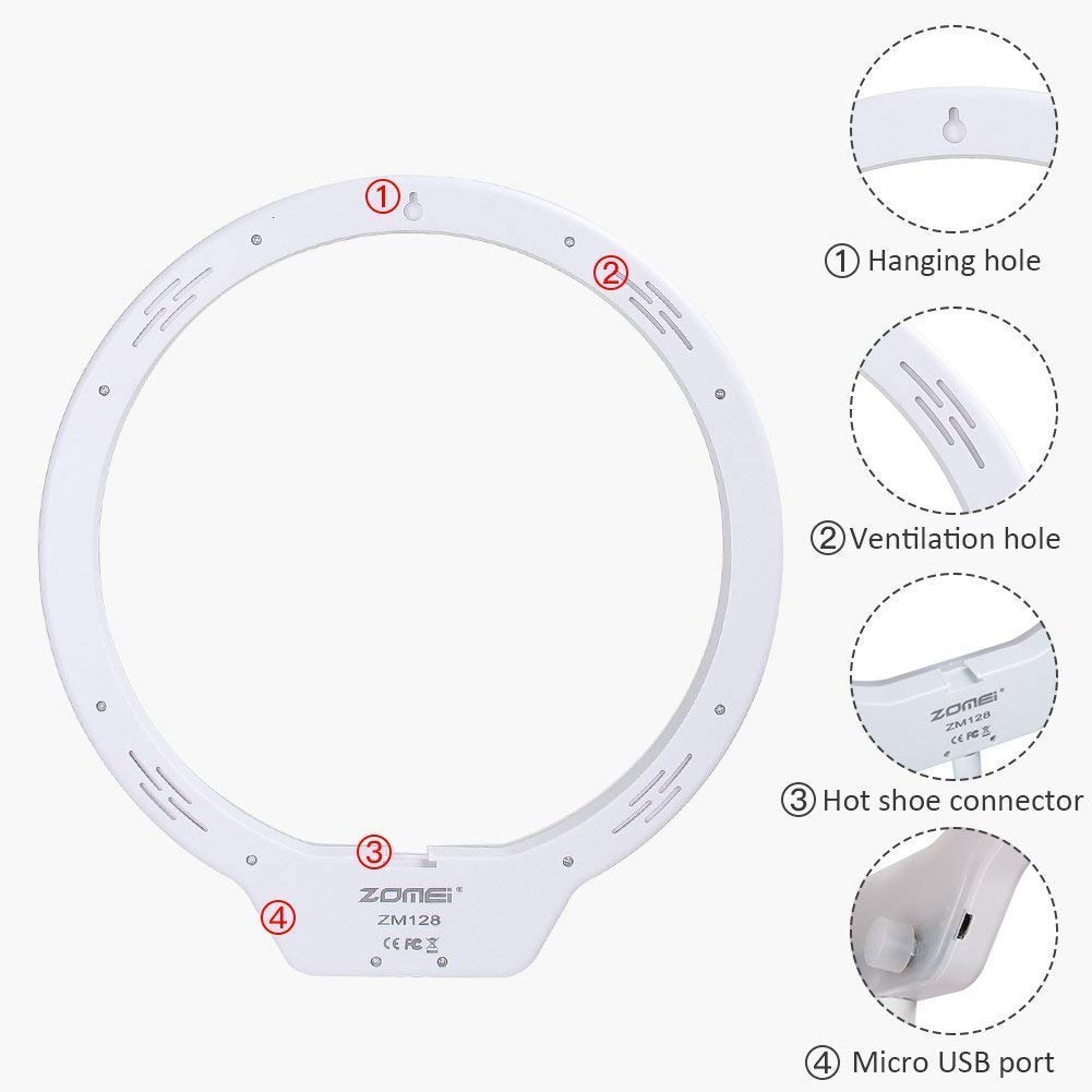 ZOMEI 10 Inch Dimmable LED Ring Light for Selfie Makeup with Mirror, Phone Holder (White)